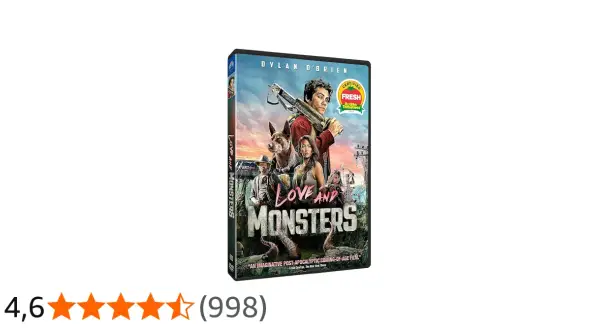DVD-omslag för "Love and Monsters" med Dylan O'Brien, en hund och andra karaktärer som kämpar mot monster i en postapokalyptisk värld.