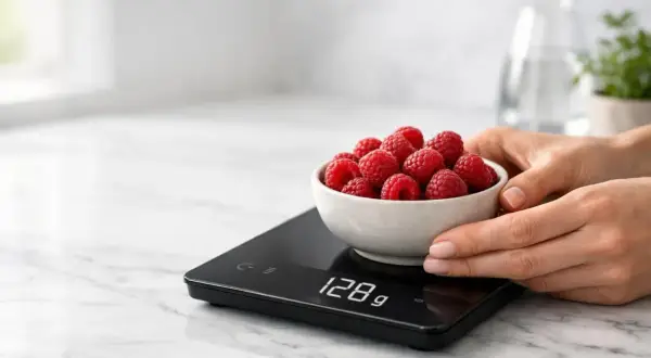 Mani che pesano lamponi su una bilancia digitale. La dieta sblocca peso con precisione.