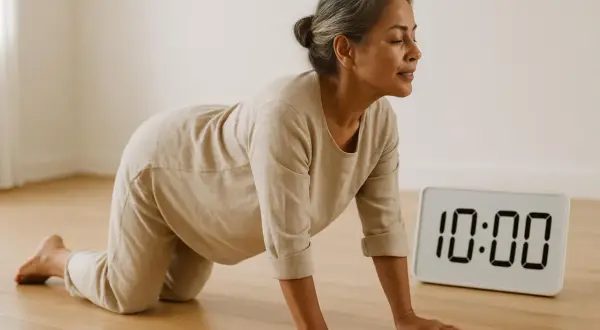 Donna in posizione yoga per la mobilità del bacino, con un timer digitale che segna 10:00.