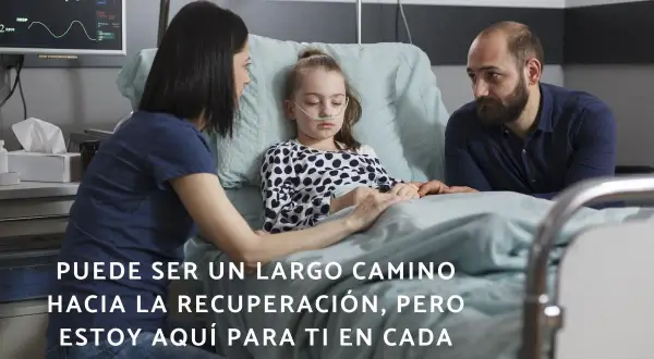 Padres dan mensajes de cariño a su hija enferma en el hospital. Ella tiene una cánula nasal.