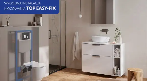 Nowoczesna łazienka z miską WC i ukrytym stelażem. Montaż miski WC z ukrytym mocowaniem TOP EASY-FIX to proste rozwiązanie.