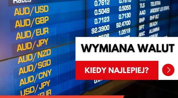 Tablica kursów walut, z napisem "WYMIANA WALUT". Zastanawiasz się, kiedy najlepiej wymienić tiền ba lan?