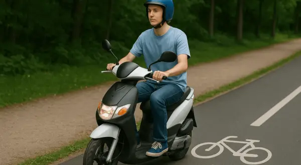 Ung man kör mopedbil på en cykelbana i skogen. Han har blå hjälm och jeans.