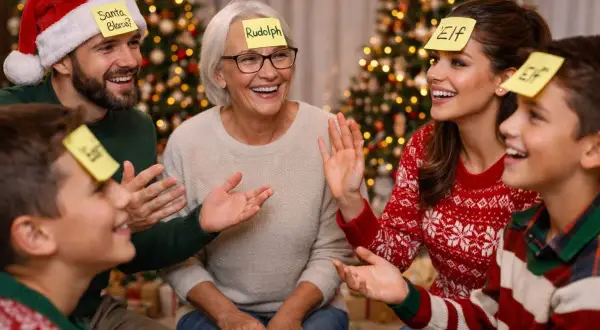 Familia riendo y jugando a juegos interactivos de Navidad con notas en la frente. ¡Pura diversión navideña!