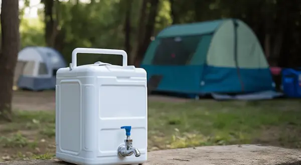 Weiße Wasserkanister mit Zapfhahn, ideal für Camping. BPA-frei, ohne Weichmacher, für sicheres Trinken.
