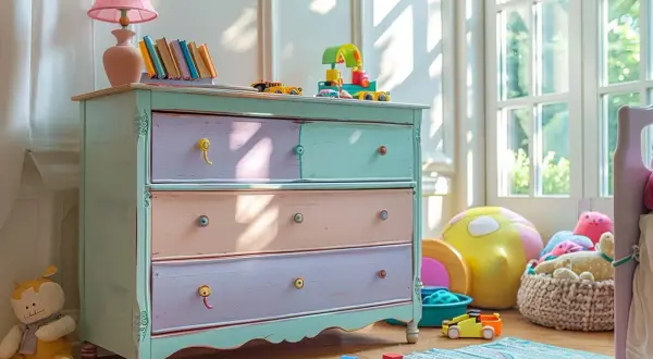 Commode 3 tiroirs relookée aux couleurs pastel, avec des jouets et une lampe sur le dessus.