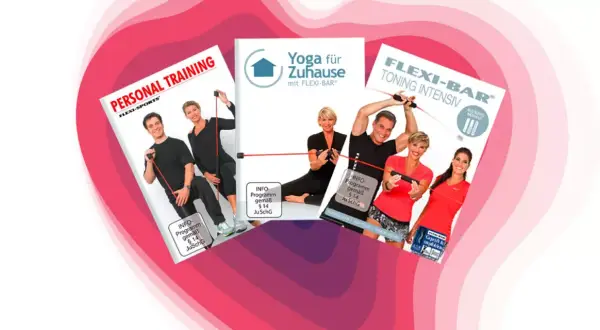 Menschen schwingen eine sport stange für ein intensives Training. Mehrere DVDs zeigen Übungen für Zuhause.