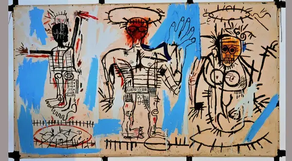 Three figures in the raw, expressive style of artists like Basquiat, rendered in black, red, and blue on a tan background.