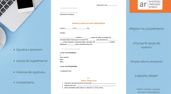Wzór umowy o pracę na czas nieokreślony, zgodny z prawem, łatwy do wypełnienia.