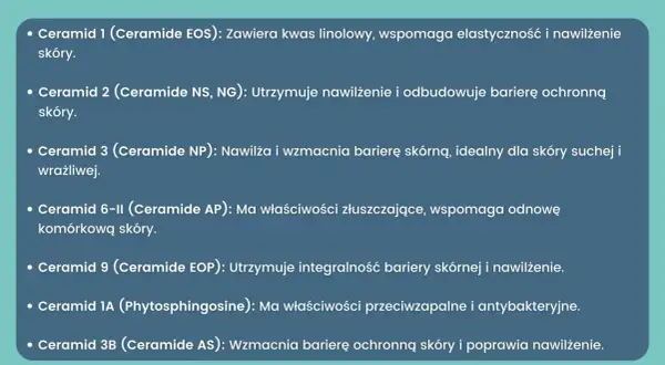 Lista ceramidów i ich właściwości: kwas hialuronowy i ceramidy wspierają elastyczność, nawilżenie i odbudowę bariery ochronnej skóry, idealne dla skóry suchej i wrażliwej.