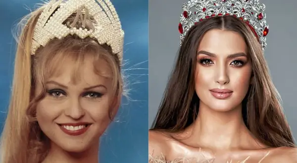 Dwie Miss Polski w koronach. Jedna z lat 90. z blond włosami i perłową tiarą, druga współczesna z brązowymi włosami i czerwoną tiarą.