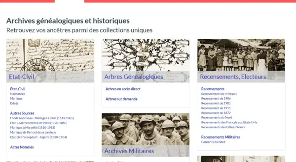 Page d'accueil de Filae, présentant les archives généalogiques : état civil, arbres, recensements et archives militaires.