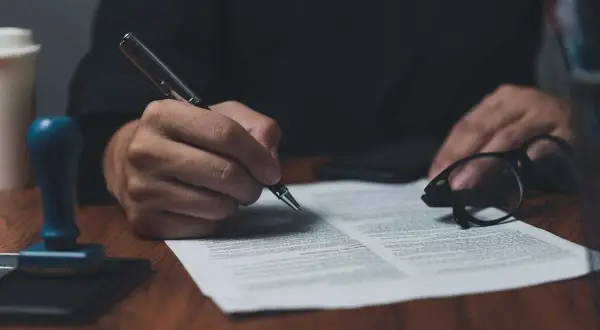 Dłoń podpisuje dokument piórem, obok okulary i pieczęć. To ważny list żelazny, potwierdzający umowę.