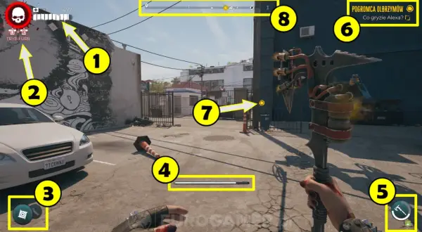 Poradnik Dead Island 2: wskaźniki zdrowia i furii (1, 2), przedmioty (3, 4, 5), cel misji (7), minimapa (8) i wskazówka "Pogromca Olbrzymów" (6).