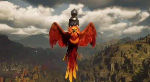 Postać w zbroi na grzbiecie feniksa nad zamkiem. Wyobraź sobie, że to wspólna przygoda w Hogwarts Legacy multiplayer.