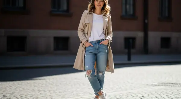 Kobieta w beżowym prochowcu i podartych spodniach boyfriend, biały t-shirt i sneakersy. Stylowe spodnie boyfriend na co dzień.