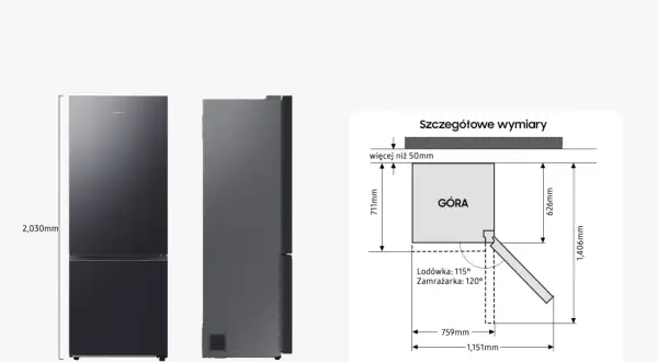 Wymiary lodówki wolnostojącej: wysokość 2030mm, szerokość 759mm, głębokość 711mm. Schemat pokazuje szczegółowe wymiary otwierania drzwi.