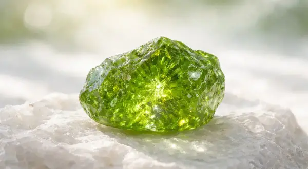 Peridoto crudo, de un verde vibrante, sobre roca blanca. Sus propiedades energéticas se reflejan en su brillo.