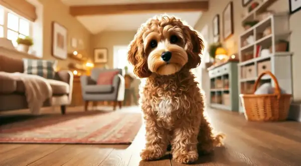 Dolce cane cockapoo seduto su un pavimento di legno in un soggiorno accogliente, con mobili sfocati sullo sfondo.