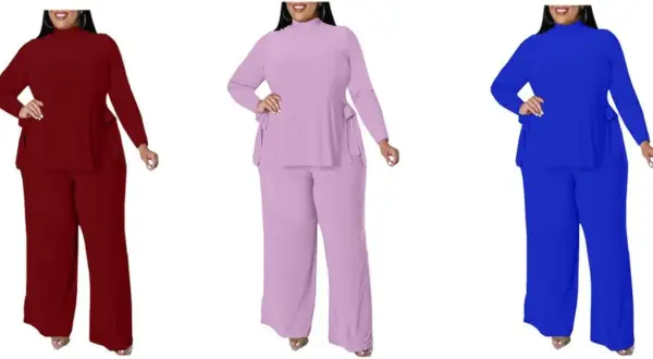 Trzy kobiety w dresach plus size w kolorach bordowym, liliowym i niebieskim.