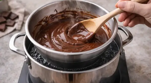 Une main remue du chocolat fondu dans un bol au-dessus d'une casserole d'eau bouillante, technique de cuisson bain-marie pour une texture parfaite.