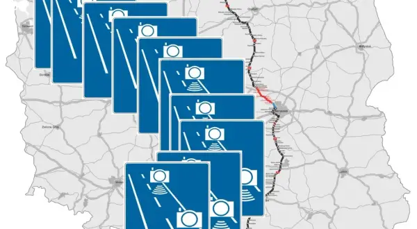 Mapa Polski z zaznaczonymi odcinkami dróg objętymi odcinkowym pomiarem prędkości. Znaki informują o fotoradarach i grożących mandatach.
