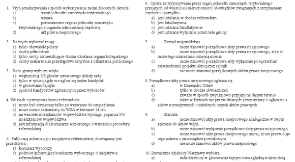 Akty prawa miejscowego: pytania testowe dotyczące ustroju samorządu terytorialnego, w tym referendum i kompetencji organów.