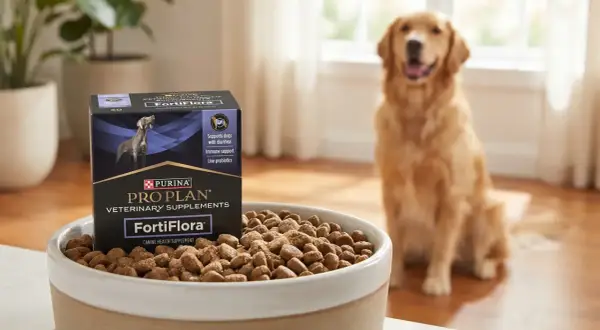 Caja de Pro Plan FortiFlora para perros, que sirve para el apoyo digestivo e inmune. Un golden retriever sonriente espera cerca.