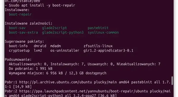 Terminal z instalacją pakietu boot-repair, który może pomóc w naprawie GRUB-a po instalacji Windows.