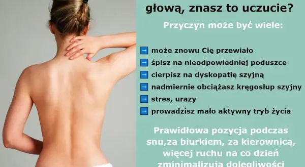 Kobieta masuje kark, odczuwając ból i sztywność karku. Tekst wymienia przyczyny: przewianie, zła poduszka, dyskopatia, stres, urazy, siedzący tryb życia.