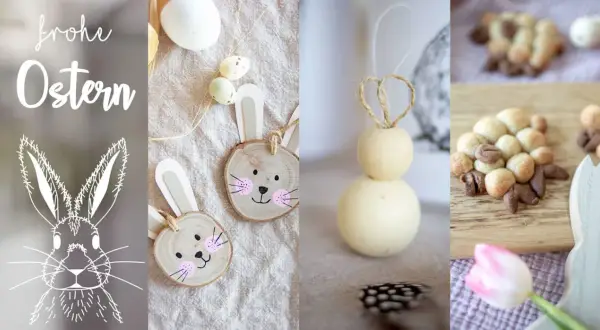Frohe Ostern! Süße Oster-Bastelideen: Holzscheiben-Hasen, Filz-Osterhase und Schaf-Kekse.