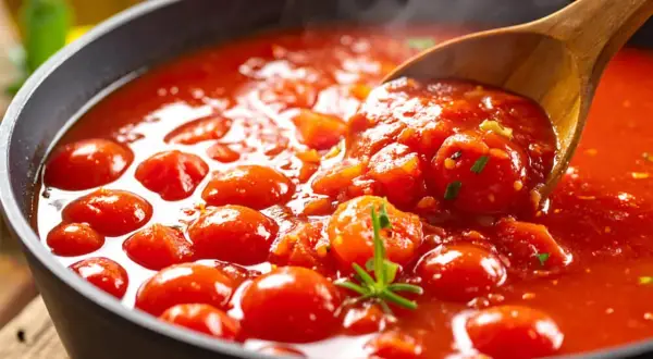 Heiß dampfende Tomatensoße mit ganzen Kirschtomaten in einer Pfanne, bereit für köstliche Pasta. Ein Hauch von Wein rundet das Gericht ab.