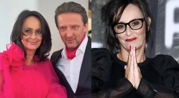Anna Korcz z mężem na zdjęciu. Aktorka w różowej sukni i jej partner w garniturze z czerwoną apaszką.