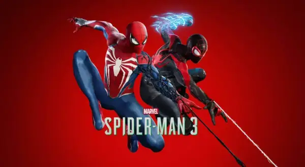Dwóch Spider-Manów, Peter Parker i Miles Morales, w akcji na tle czerwieni, zapowiada grę Spider-Man 3 na PS5.