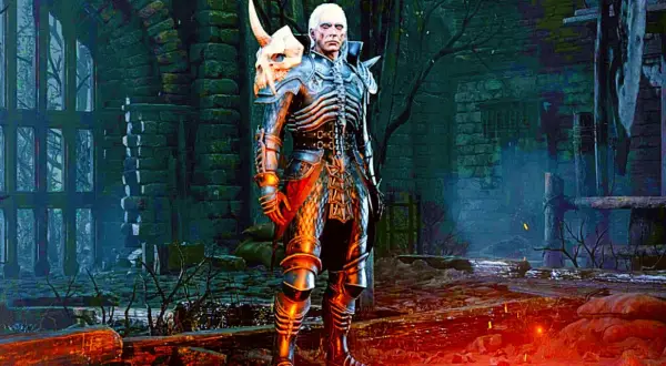 Mroczny nekromanta z Diablo 2, w zbroi z czaszką, gotowy do walki. Jego build opiera się na przywoływaniu armii nieumarłych.