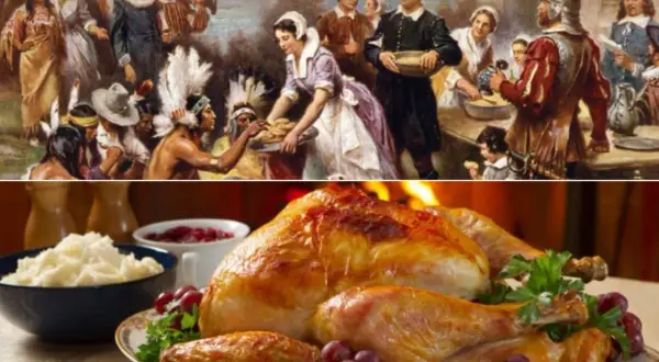 Una escena histórica de la celebración del **dia de accion de gracias en ingles** junto a un pavo asado y puré de patatas.