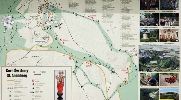 Mapa Góry Św. Anny z zaznaczonymi atrakcjami: bazylika, kaplice, grota, amfiteatr, muzeum.