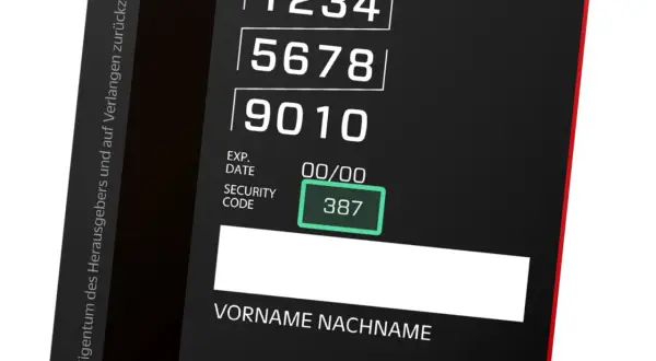 Kreditkartennummer 1234 5678 9010, Sicherheitscode 387, Ablaufdatum 00/00 und Feld für Vorname Nachname.