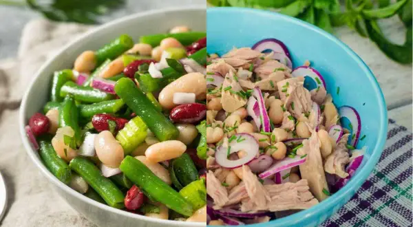 Dos ensaladas: una de alubias blancas con judías verdes y otra con atún, alubias blancas y cebolla morada.