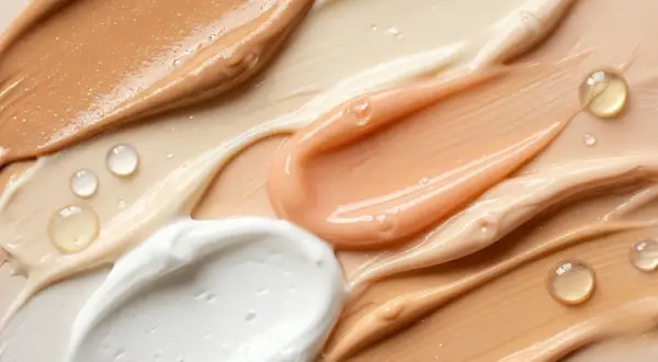 Texturen von cremiger weißer, pfirsichfarbener und beiger Feuchtigkeitscreme mit glänzenden Tropfen.