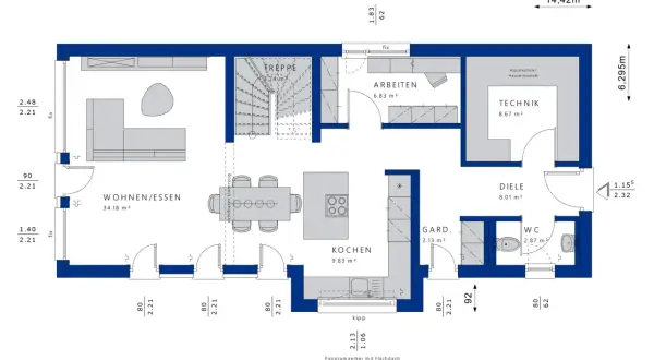 Grundriss eines Traumhauses mit Wohnen/Essen, Kochen, Arbeiten, Diele, WC und Technik.