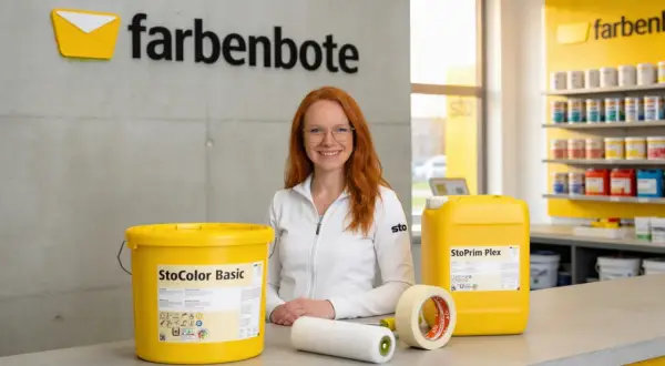 Frau mit roten Haaren lächelt, neben Farbeimer, Rolle und Klebeband. Alles, was man zum Streichen braucht, ist hier zu sehen.