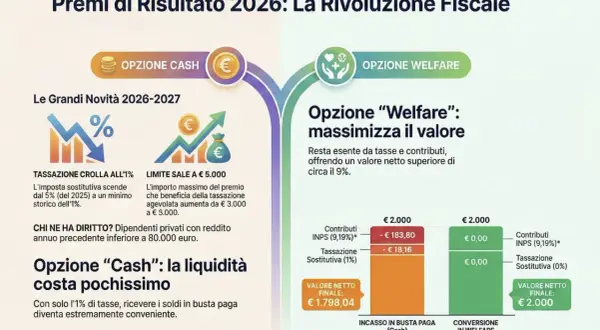 Opzione "Cash" per premi di produzione oltre 5.000 euro: tassazione agevolata all'1%. Il welfare offre un valore netto superiore.
