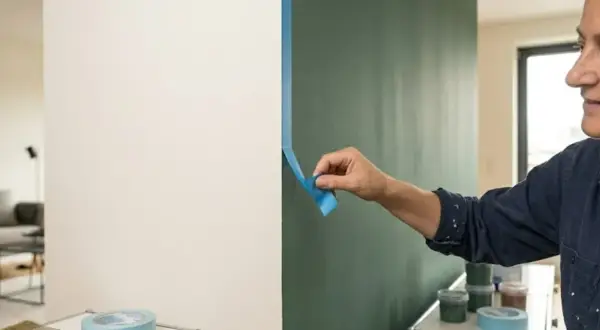 Frau klebt mit blauer Klebefolie einen sauberen Rand, um die Wand streichen zu können.