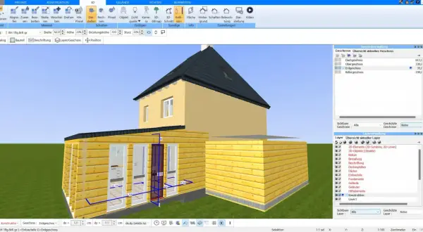 3D-Modell eines Hauses mit Anbau. Der umbaute Raum im Dachgeschoss ist sichtbar.