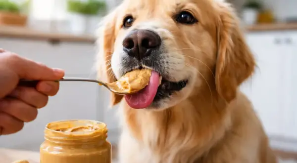 Słodki golden retriever oblizuje łyżeczkę z masłem orzechowym dla psa.