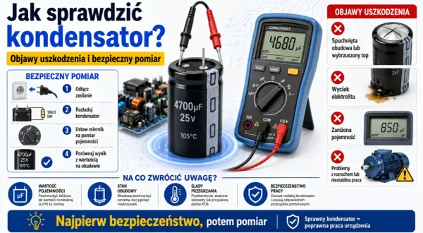 Uszkodzony kondensator rozruchowy objawy: spuchnięta obudowa, wyciek elektrolitu, zaniżona pojemność. Sprawdź go miernikiem.