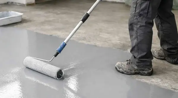 Lavoratore stende vernice grigia su cemento grezzo con un rullo. Ecco come pulire cemento grezzo per un nuovo look.