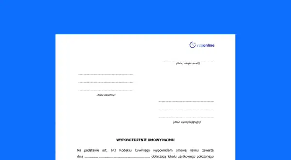 Formularz wypowiedzenia umowy najmu. Określa, od kiedy liczy się 1-miesięczny okres wypowiedzenia.