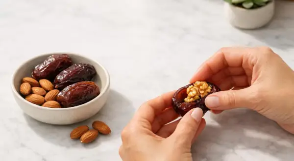 Mani che preparano datteri ripieni di noci. Un snack salutare con un basso indice glicemico, ideale per uno spuntino energetico.